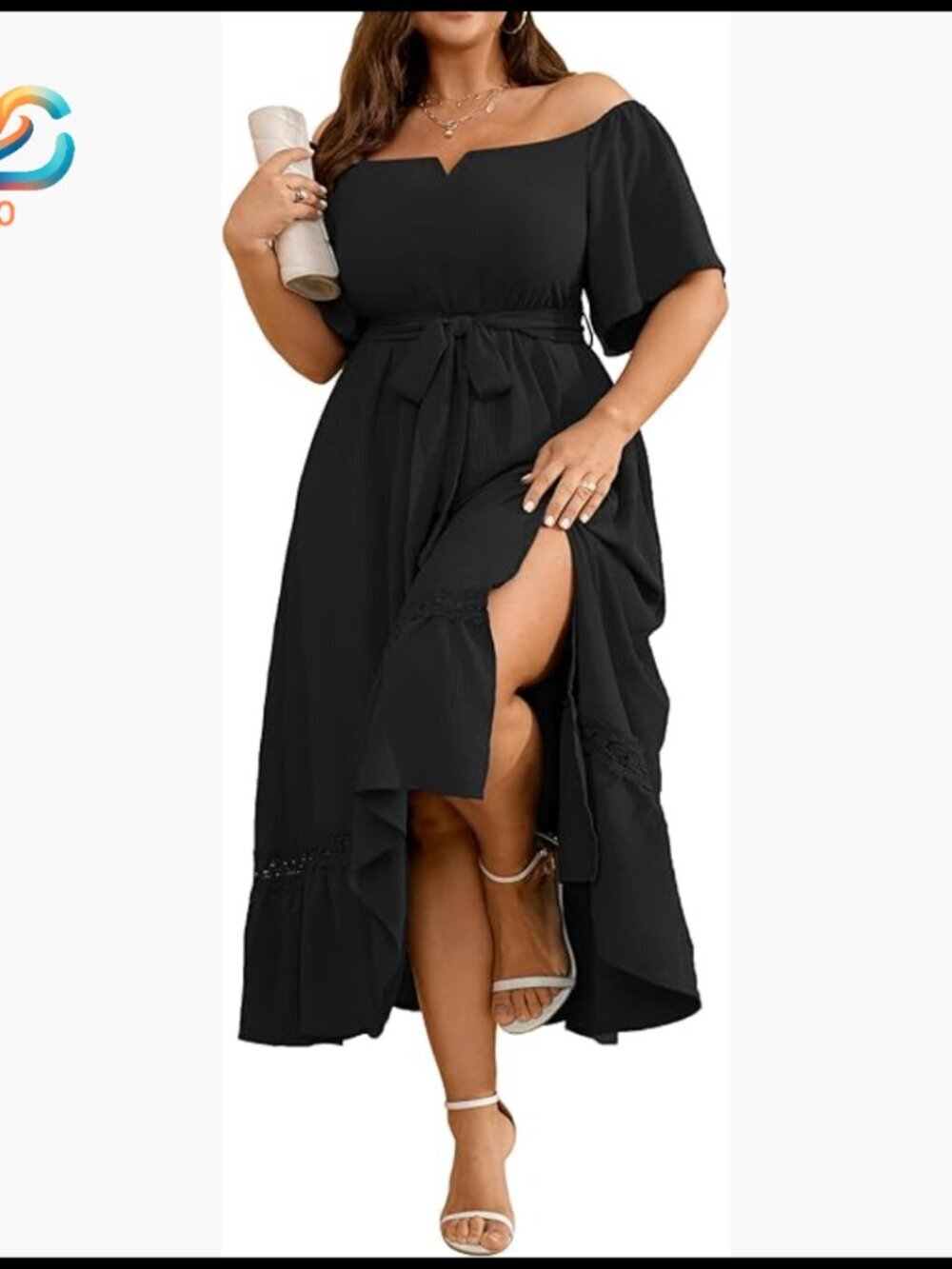 Plus Size Formal Maxi Dress with V-Neck Off-Shoulder Design and Belt